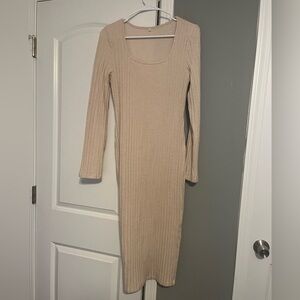 Elegant Tan Ribbed Knit Dress